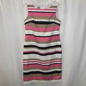 Anne Klein Women's Pink Tan Striped Lace Trim Sleeveless Sheath Dress Size 4